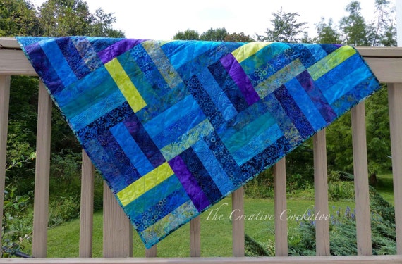 mostly blue lap quilt, rail fence, batik, handmade item, 39" (99cm) square, machine quilted, ready to ship, car quilt