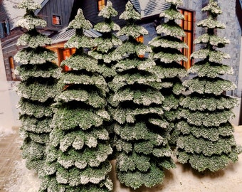 Cone Trees snow covered 6" tall 6 trees w/trunks for Model railroads, Dollhouses, Fairy Gardens, Wargaming, Christmas Villages or Dioramas