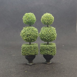 2 Miniature Topiaries 3" tall Squeezable in black verdigris pots: Dollhouse,Fairy Garden,Wargaming,Railroads, Christmas Villages or Dioramas