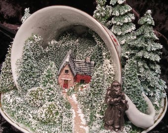 Christmas Teacup miniature - winter scene with pewter Santa, snowy trees, lovely little house. Christmas Gift, birthday