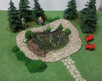 Miniature pond 1:48 (O scale) Plastic kit. Great for model RR, Fairies... 5"x4" includes mini trees, flowers, and foliage (see contents pic)