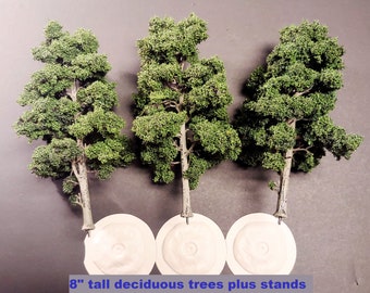 Trees Miniature 8" tall  w/planting peg and stands for Model railroads, Dollhouses, Fairy Gardens, Wargaming, Christmas Villages or Dioramas