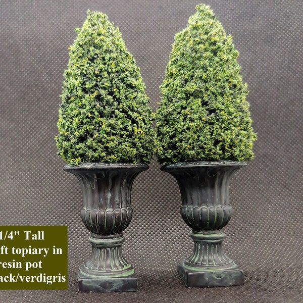 Miniature Topiary trees in verdigris pots for Dollhouses, Fairy Gardens, Garden Railroads, Christmas Villages, Dioramas or the garden lover