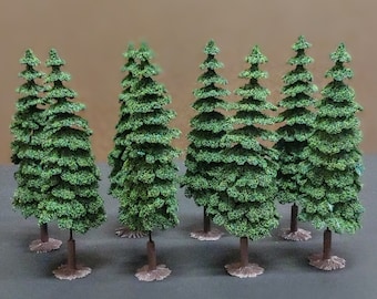 Trees mini coniferous 6" tall  w/planting trunks for Model railroads, Dollhouses, Fairy Gardens, Wargaming, Christmas Villages or Dioramas