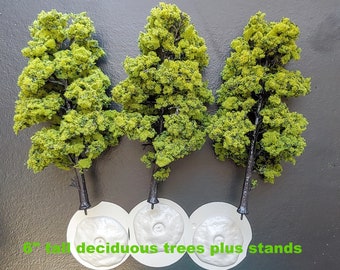 Trees Miniature 6" tall  w/planting peg and stands for Model railroads, Dollhouses, Fairy Gardens, Wargaming, Christmas Villages or Dioramas