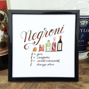 Przepis na klasyczny koktajl Negroni Wydruk oryginalnej sztuki akwarelowej Handletted, sztuka ścienna, wózek barowy, wystrój kuchni, natychmiastowe pobranie