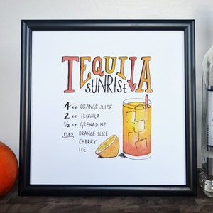 Przepis na koktajl Tequila Sunrise, wydruk oryginalnej sztuki akwarelowej, sztuka ścienna, wózek barowy, wystrój kuchni, natychmiastowe pobieranie