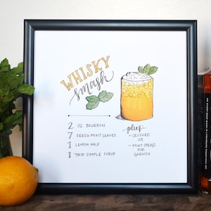 Przepis na koktajl Whisky Smash Wydruk oryginalnej sztuki akwarelowej Handttered, sztuka ścienna, wózek barowy, wystrój kuchni, natychmiastowe pobranie