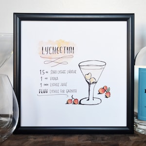Przepis na koktajl Lycheetini (Lychee Martini), wydruk oryginalnej sztuki akwarelowej, wózek barowy, wystrój kuchni, natychmiastowe pobieranie