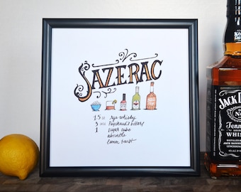 Sazerac Cocktail Recipe, Print of Original Handlettered Watercolor Art, Wall Art, Bar Cart, Kitchen Decor, Instant Download