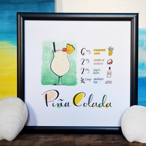 Przepis na koktajl Pina Colada Wydruk oryginalnej sztuki akwarelowej Handletted, sztuka ścienna, wózek barowy, wystrój kuchni, natychmiastowe pobranie