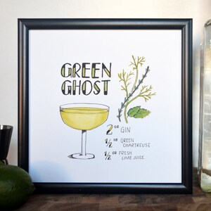 Przepis na koktajl Green Ghost Wydruk oryginalnej sztuki akwarelowej Handttered, sztuka ścienna, wózek barowy, wystrój kuchni, natychmiastowe pobranie