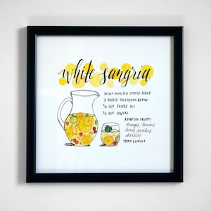 Przepis na koktajl White Sangria Wydruk oryginalnej sztuki akwarelowej Handletted, sztuka ścienna, wózek barowy, wystrój kuchni, natychmiastowe pobranie