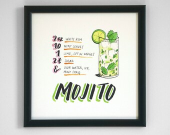 Mojito Cocktail Recipe Print of Original Handlettered Watercolor Art, Wall Art, Bar Cart, Kitchen Decor, Instant Download