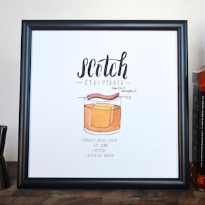 Przepis na koktajl Scotch Striptease, wydruk oryginalnej sztuki akwarelowej Handttered, sztuka ścienna, wózek barowy, wystrój kuchni, natychmiastowe pobieranie