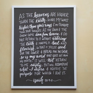 May include: A black framed chalkboard with white calligraphy that reads "AS THE heavens ARE HIGHER THAN THE earth. SO ARE MY WAYS higher than your ways & MY THOUGHTS THAN YOUR THOUGHTS. AS THE RAIN & THE SNOW COME down from heaven, & DO NOT RETURN TO IT WITHOUT watering THE earth & MAKING IT bud AND flourish, SO THAT IT YIELDS seed FOR THE SOWER & BREAD FOR THE EATER, so is my word THAT GOES OUT FROM MY MOUTH IT WILL not RETURN TO ME empty, BUT WILL ACCOMPLISH what I desire & ACHIEVE THE purpose FOR WHICH I SENT IT. -isaiah 55:9-11"
