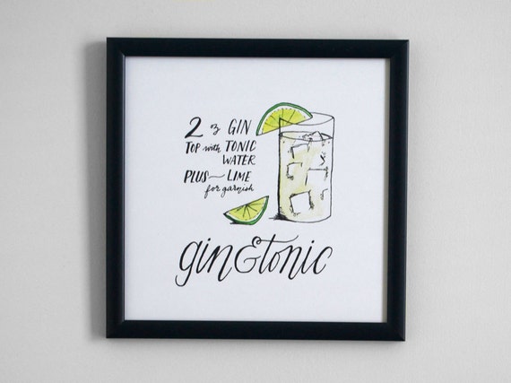 Gin and Tonic Cocktail Recipe Print of Original Handlettered Watercolor Art, Wall Art, Bar Cart, Kitchen Decor, Instant Download