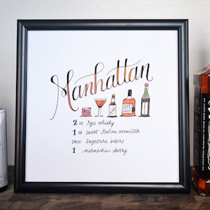 Manhattan Classic Cocktail Recipe Wydrukuj oryginalną ręcznie malowaną akwarelę, sztukę ścienną, wózek barowy, wystrój kuchni, natychmiastowe pobranie