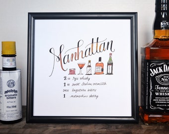 Manhattan Classic Cocktail Recipe Print of Original Handlettered Watercolor Art, Wall Art, Bar Cart, Kitchen Decor, Instant Download