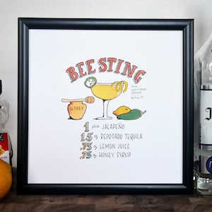 Przepis na koktajl Bee Sting Tequila, wydruk oryginalnej sztuki akwarelowej Handttered, sztuka ścienna, wózek barowy, wystrój kuchni, natychmiastowe pobieranie