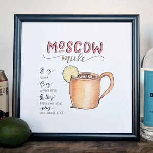 Przepis na koktajl Moscow Mule Wydruk oryginalnej sztuki akwarelowej Handletted, sztuka ścienna, wózek barowy, wystrój kuchni, natychmiastowe pobranie