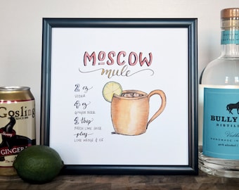 Moscow Mule Cocktail Recipe Print of Original Handlettered Watercolor Art, Wall Art, Bar Cart, Kitchen Decor, Instant Download