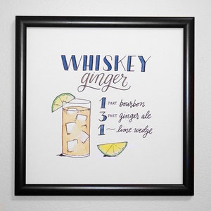 Przepis na koktajl z whisky i imbiru Wydrukuj oryginalną sztukę akwarelową Handttered, sztukę ścienną, wózek barowy, wystrój kuchni, natychmiastowe pobranie