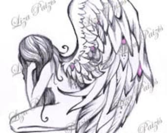 Angel black and gray tattoo design kneeling whimsical angel wings tatoo drawing by Liza Paizis