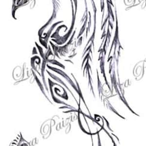 Tribal phoenix dragon with peacock tail black and gray tattoo design