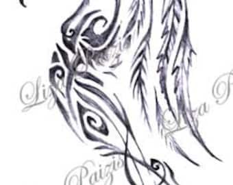 Tribal phoenix dragon with peacock tail black and gray tattoo design