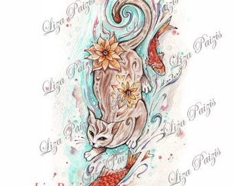 Gato con diseño de tatuaje de pez koi estilo japonés acuarela arte de tatuaje de gato
