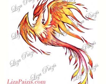 Fire flame Phoenix watercolor tattoo design by Liza Paizis