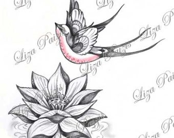 Lotus and Swallow tattoo design pink lotus flower waterlily with Swallow bird tattoo by Liza Paizis