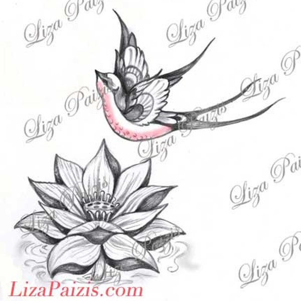 Lotus and Swallow tattoo design pink lotus flower waterlily with Swallow bird tattoo by Liza Paizis