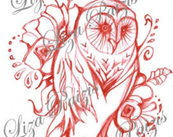 Red Owl Tattoo Design with flowers whimsical art steampunk style from original owl drawing