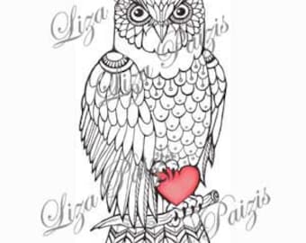 Owl Tattoo black and white owl tattoo design with red heart line work detailed drawing