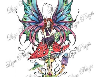 Fairy tattoo design Gothic style fairy sitting on a mushroom striped stockings toadstool fantasy tattoo design