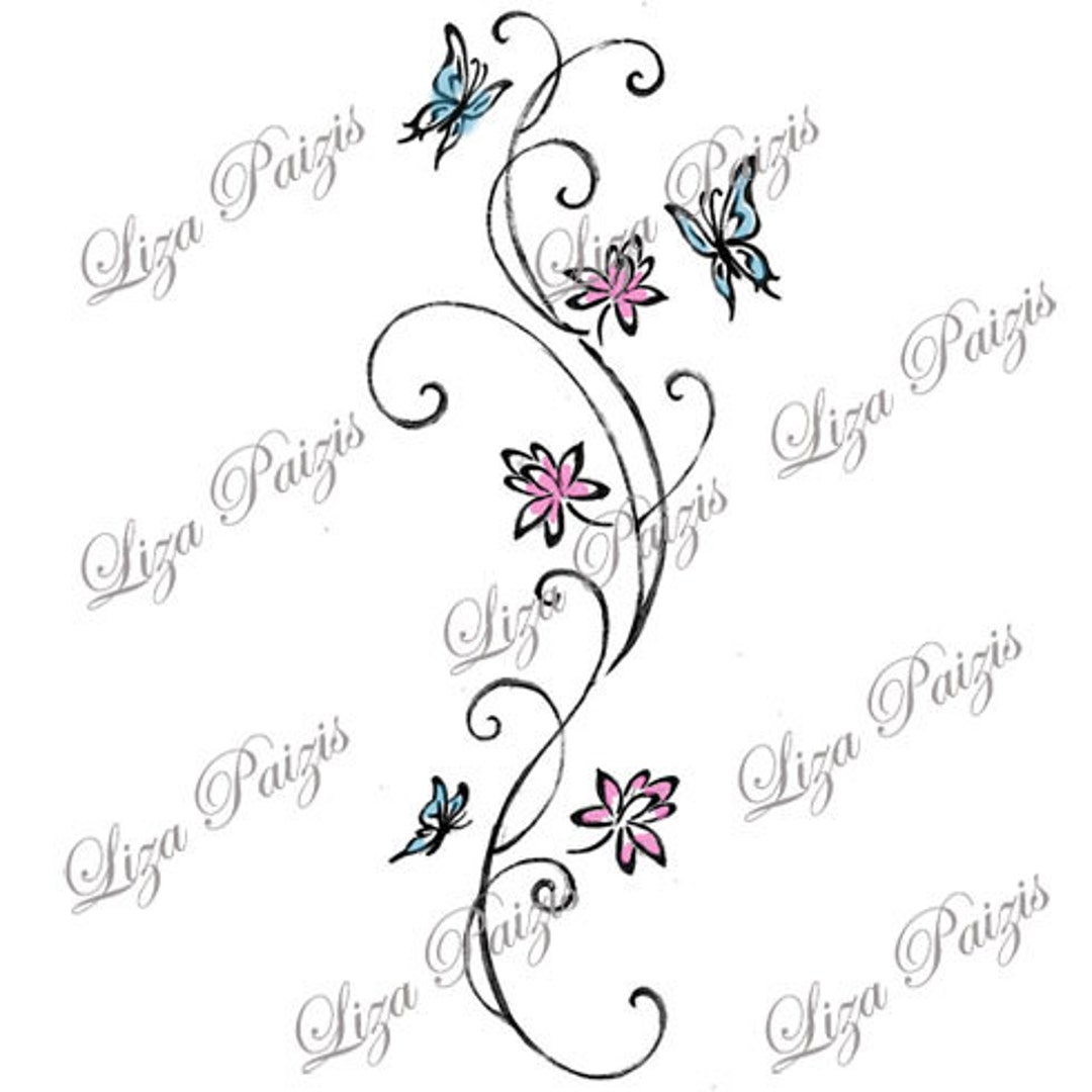 Vine Tattoo With Lotus Flowers and Butterflies With Swirls in - Etsy Vine Tattoo With Lotus Flowers and Butterflies With Swirls in - Etsy