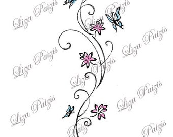 Vine tattoo with Lotus flowers and butterflies with swirls in color