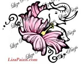 Elephant with flower tattoo small simple hippy style elephant tattoo design by Liza Paizis