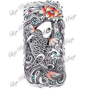 Koi fish and Lotus half sleeve Japanese color tattoo design by Liza Paizis
