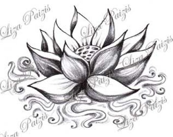 Lotus with water tattoo design by Liza Paizis original lotus shaded black and gray drawing