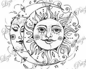 Sun and Moon black and white filigree ornate whimsical tattoo design chandelier fantasy style by Liza Paizis