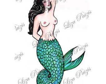 Mermaid vintage traditional tattoo by Liza Paizis original mermaid sailor jerry tattoo design old school style