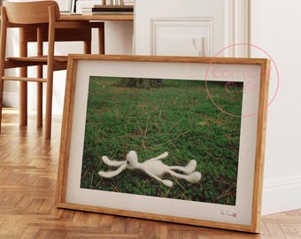 Peaceful Bunny on Green Moss Framed Wall Art – Perfect Gift for Rabbit Lovers, Relaxing Rabbit Art Print for Home Décor