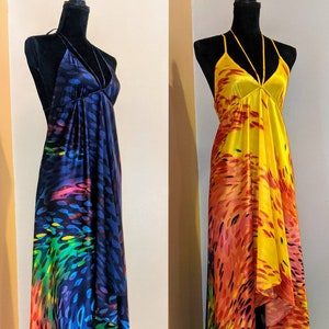 Summer dress, asymmetrical evening, party, cocktail dress, multi-color brush strokes, sizes XS/S/M