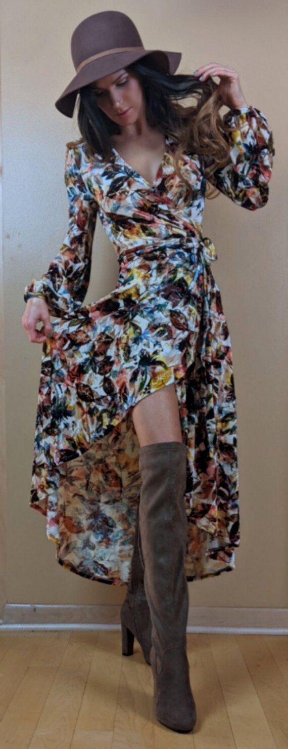 bohemian mommy and me dresses Dresses: Floral Leaf Boho Asymmetrical Wrap Dress I can make these Colour:Metallic Black Annie Monochrom Mini Dress occasion:OCCASION