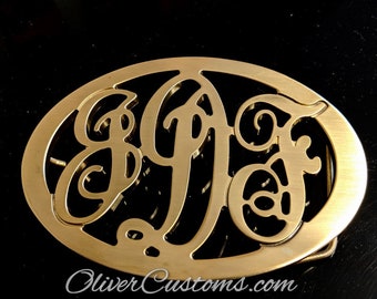 Oval frame Custom Monogrammed Belt Buckle: Your three letter Initials Personalized in Brass, Polished Brass, nickle, or Chrome