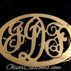 Oval frame Custom Monogrammed Belt Buckle: Your three letter Initials Personalized in Brass, Polished Brass, nickle, or Chrome