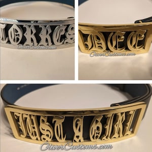 Old English Custom name belt Buckle:  Personalized Polished Brass, Rose Gold, or Chrome